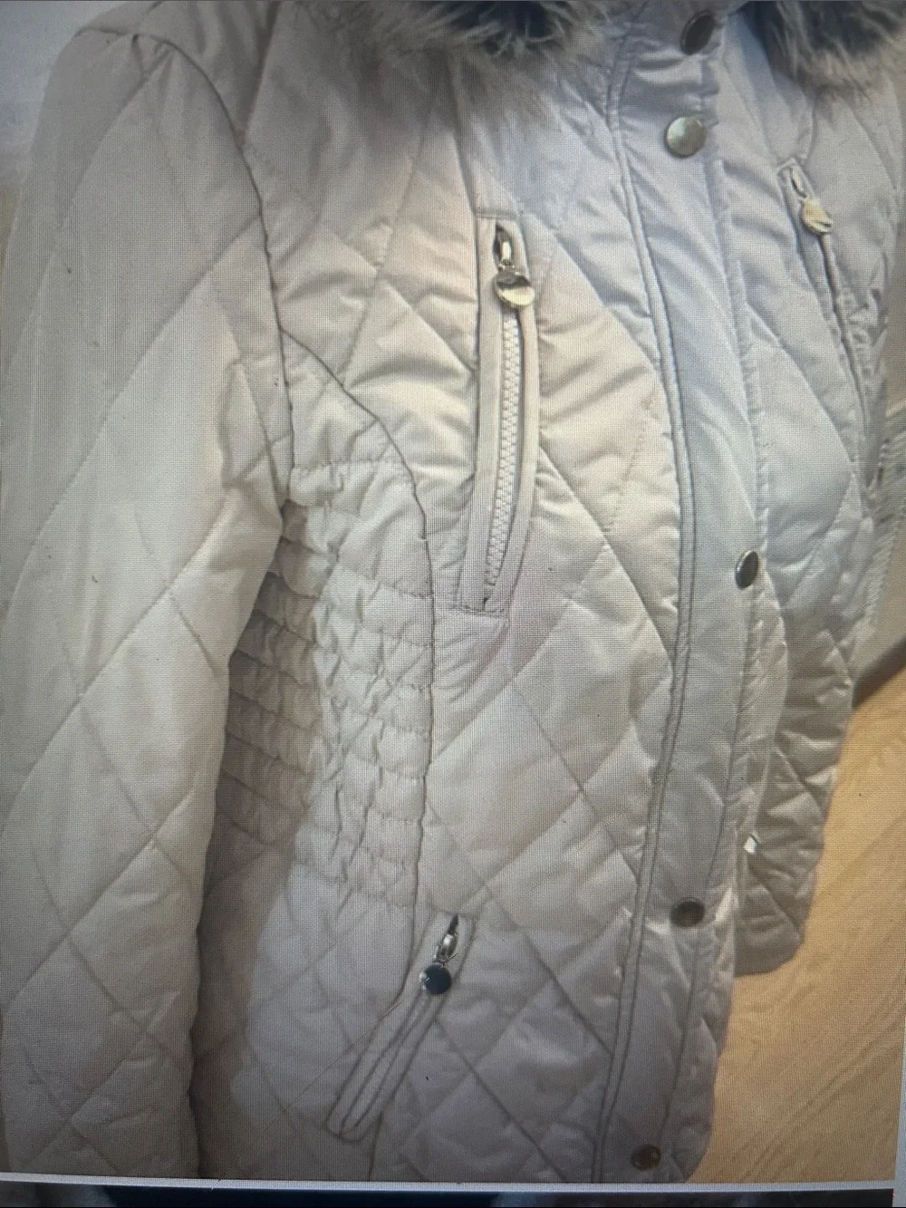 Girls Cream Quilted Hooded Puffer with Faux Fur Trim, Size 14-16